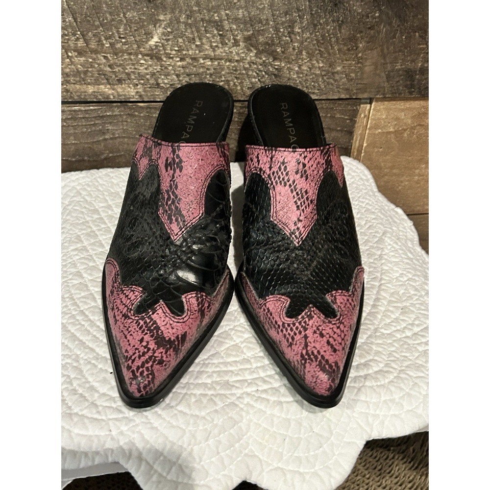 Rampage Western Mules Pink Black Snake Print‎ Pointed Clogs Heel Y2K Cowgirl 9.5 - Picture 5 of 9